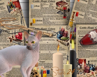 May include: A collection of vintage-style paper charts with instructions for candle magic, featuring various colors and their associated meanings. The charts include illustrations of candles, herbs, and other magical tools. The text on the charts includes the words "Candle Magic Colors" and "Potion No. 9".