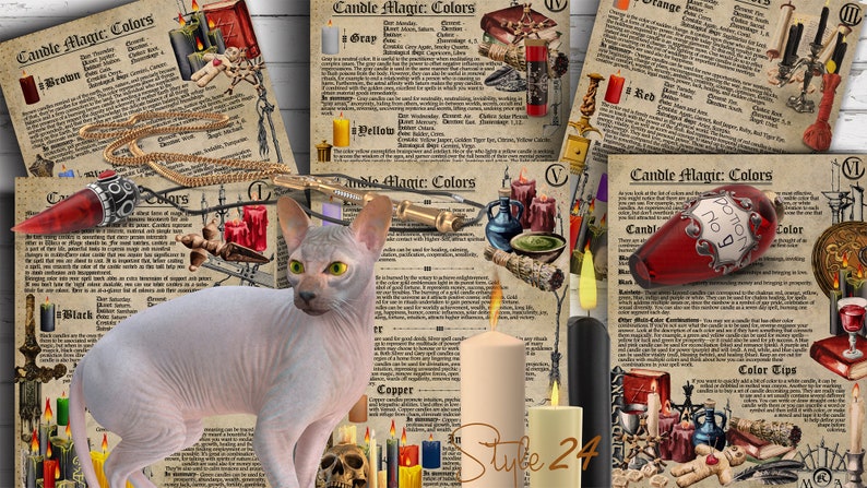 May include: A collection of vintage-style paper charts with instructions for candle magic, featuring various colors and their associated meanings. The charts include illustrations of candles, herbs, and other magical tools. The text on the charts includes the words "Candle Magic Colors" and "Potion No. 9".