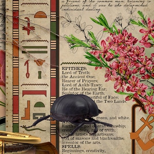May include: A vintage-style illustration of an Egyptian god with a staff, standing in front of a floral design. The image includes text about the god's epithets and spells. The background is a collage of various textures and patterns.