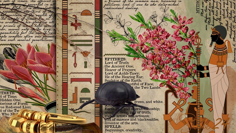 May include: A vintage-style illustration of an Egyptian god with a staff, standing in front of a floral design. The image includes text about the god's epithets and spells. The background is a collage of various textures and patterns.