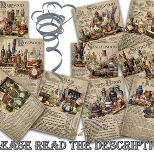 May include: A collection of 10 vintage-style apothecary labels featuring various botanical ingredients, including Rosewood, Sandalwood, Scotch Pine, and Juniper Berry. Each label includes a detailed illustration of the ingredient, along with its Latin name and properties.