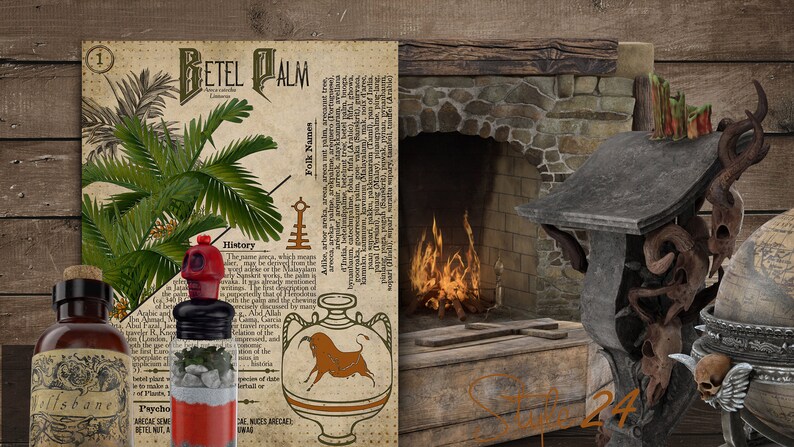 May include: A vintage illustration of a Betel Palm tree with text about its history and folk names. Three glass bottles with labels and stoppers are in the foreground. A fireplace with a roaring fire is in the background. A decorative metal stand with a globe and a skull is on the right side of the image.