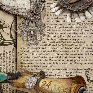May include: A vintage-style illustration of a hand with a heart in the center, surrounded by intricate patterns. The image is on a parchment-like background with text about Pagan traditions and the celebration of Mabon, the Autumn Equinox. The text includes the date "24" and the words "Feast of Modern".