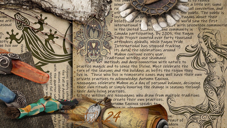 May include: A vintage-style illustration of a hand with a heart in the center, surrounded by intricate patterns. The image is on a parchment-like background with text about Pagan traditions and the celebration of Mabon, the Autumn Equinox. The text includes the date "24" and the words "Feast of Modern".