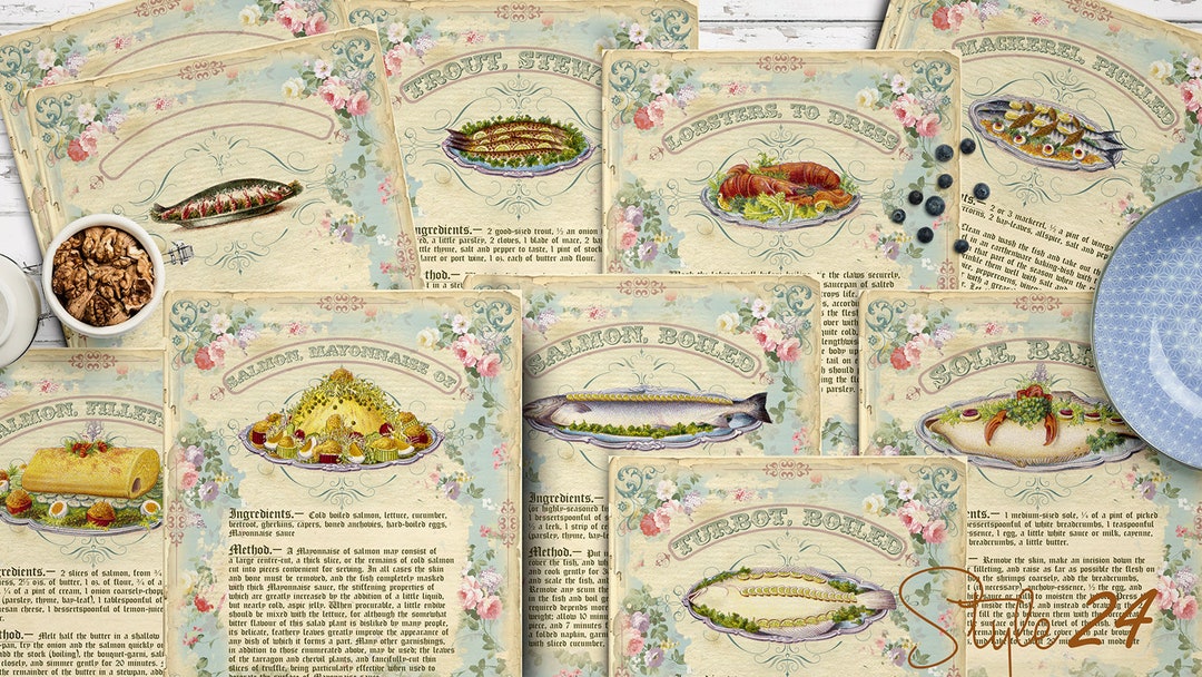 Recipe Card Fish Printable Vintage Fish Cookbook Pages, Ephemera DIY (digital Collage ...