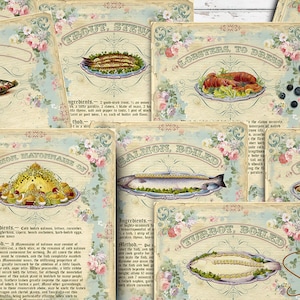 Printable Ephemera Fish Set, Vintage Cookbook, Journal Cards, Antique Recipe Cards, Country Kitchen Decor, Digital Collage Sheet, DIY gift