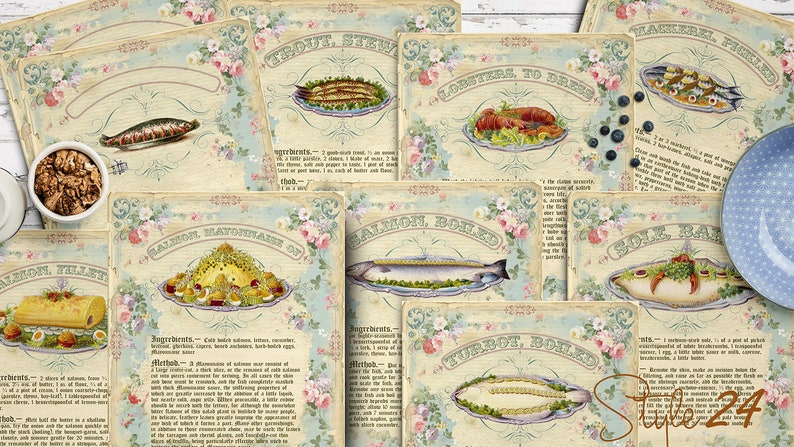 Antique Recipe Cards Digital Collage Sheet Country Kitchen Decor Journal Cards Printable Ephemera Fish Set Vintage Cookbook DIY gift