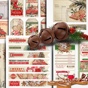 Vintage Weihnachts-Set, druckbares Heiligabend-Bundle: Weihnachtsrezeptkarten, Etiketten, Bordkartenticket, SoHo-Tags, Kreise, Menüs, Postkarten