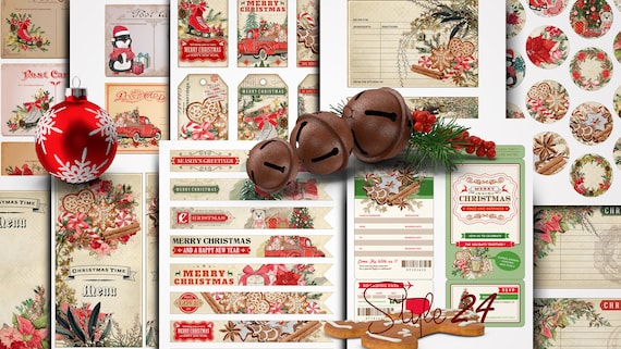 Vintage Christmas Printable Set, Recipe Cards, Labels (Digital Download)