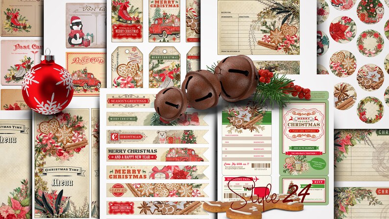 May include: A set of printable Christmas digital papers featuring a red truck, gingerbread cookies, and other festive elements. The papers are in a vintage style with a green, red, and brown colour scheme. The text on the papers includes "Merry Christmas" and "Christmas Time".