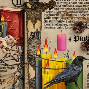 May include: A vintage book page with text about the color pink and its associations with love, Venus, and Aphrodite. The page features a black crow, pink and yellow candles, and a small voodoo doll.
