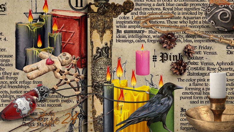 May include: A vintage book page with text about the color pink and its associations with love, Venus, and Aphrodite. The page features a black crow, pink and yellow candles, and a small voodoo doll.