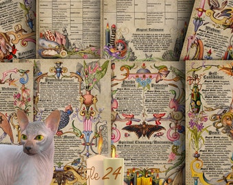 May include: A vintage style illustrated guide to magical correspondences. The pages are filled with hand-drawn images of plants, animals, and mythical creatures. The text includes headings for various magical purposes, such as marriage, mental wellness, protection, and travel. The image also includes a candle and a cat.