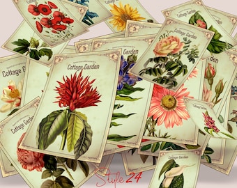 Bundle 3- 80 Antique Cottage Garden Botanical Vintage Flower Scrapbook Digital Collage 3" x 4 Journaling Cards printable Labels Vintage Tags