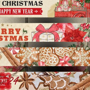 May include: Four vintage-style Christmas banners with red and white text and illustrations. The top banner says "Merry Christmas and a Happy New Year". The second banner says "Merry Christmas". The third banner says "Peace Love Joy". The fourth banner says "Wishing you a very Merry Christmas and Happy New Year 24".