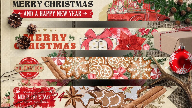 May include: Four vintage-style Christmas banners with red and white text and illustrations. The top banner says "Merry Christmas and a Happy New Year". The second banner says "Merry Christmas". The third banner says "Peace Love Joy". The fourth banner says "Wishing you a very Merry Christmas and Happy New Year 24".