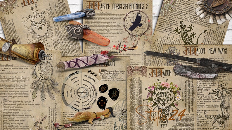 May include: A collection of vintage-style paper scrolls with text and illustrations related to the Mabon harvest festival. The scrolls feature a wolf, a raven, a gecko, a dreamcatcher, and a hand holding a crystal. The text includes the words "Mabon", "Lughnasadh", "28 ABON CORRESPONDENCES 2", and "28 ABON NEW WAYS".