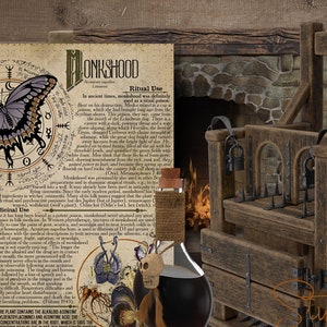 May include: A vintage illustration of a butterfly with a compass and text about the medicinal and ritual use of monkshood. The image is set against a wooden background with a medieval torture device and a bottle of potion.