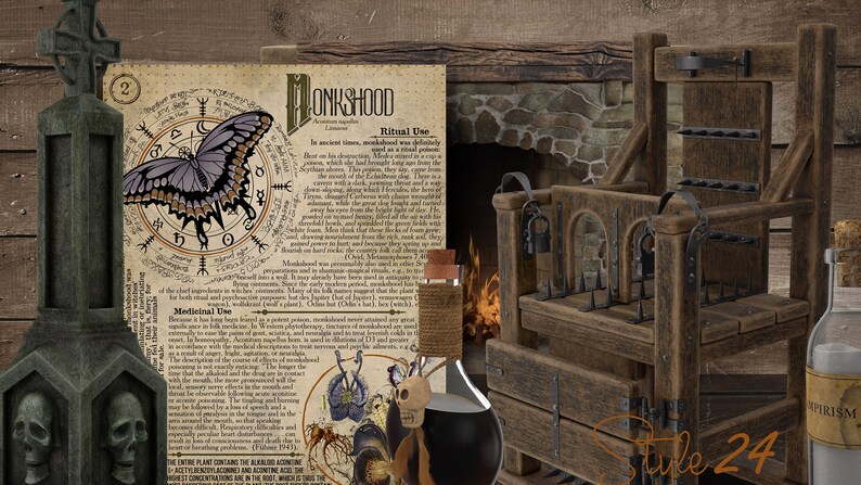 May include: A vintage illustration of a butterfly with a compass and text about the medicinal and ritual use of monkshood. The image is set against a wooden background with a medieval torture device and a bottle of potion.