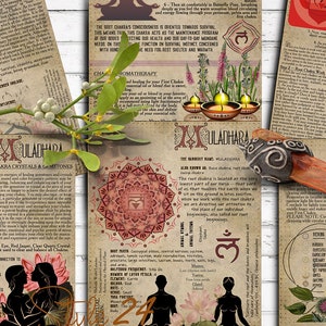Le premier chakra de la correspondance et de la guérison, Livre des ombres, pages imprimables, feuilles de BOS, équilibres et déséquilibres, cristaux, pierres précieuses, plantes
