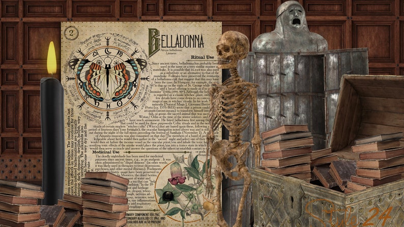 May include: A vintage illustration of the poisonous plant Belladonna, with a skeletal figure standing beside it. The illustration is surrounded by old books and a candle, creating a dark and mysterious atmosphere.
