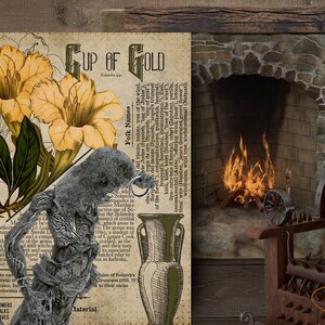 May include: A vintage illustration of a yellow flower with the text "Cup of Gold" and a description of the plant. The image is set against a rustic wooden background with a fireplace and a medieval-style chair with spikes.