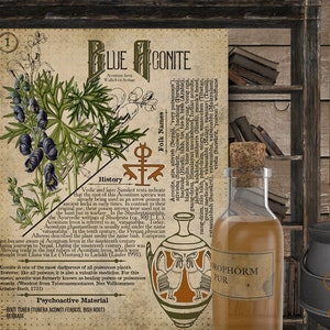 May include: A vintage style illustration of a blue aconite plant with text about its history, folk names, and psychoactive material. The illustration is on a parchment-like background with a decorative border. The text includes the words "Blue Aconite", "History", "Folk Names", and "Psychoactive Material".