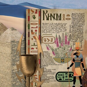 May include: An illustration of the Egyptian god, Khnum, with a ram's head, holding a staff. The illustration is surrounded by text about the god's attributes and powers. The text includes the words "Khnum" and "The Creator".
