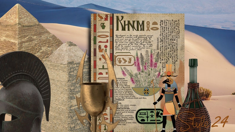 May include: An illustration of the Egyptian god, Khnum, with a ram's head, holding a staff. The illustration is surrounded by text about the god's attributes and powers. The text includes the words "Khnum" and "The Creator".