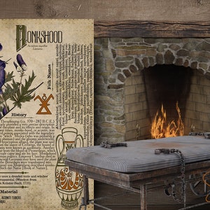 May include: A vintage illustration of a plant with purple flowers, labeled "LONKSHOO", with text about its history and folk names. The image is set against a rustic wooden background with a fireplace and other decorative elements.