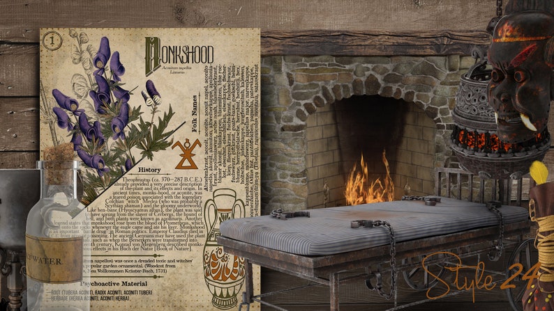 May include: A vintage illustration of a plant with purple flowers, labeled "LONKSHOO", with text about its history and folk names. The image is set against a rustic wooden background with a fireplace and other decorative elements.