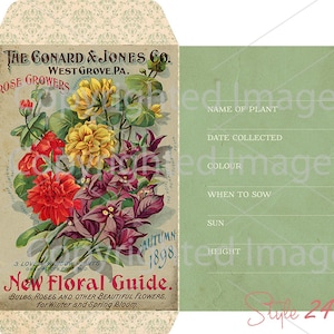 6 Different Antique Garden Flowers Seed Packets, DIGITAL Sheet, Vintage Seed Pack, Patio Art, Rustic Garden Shed, Botanical Ephemera, DIY image 3