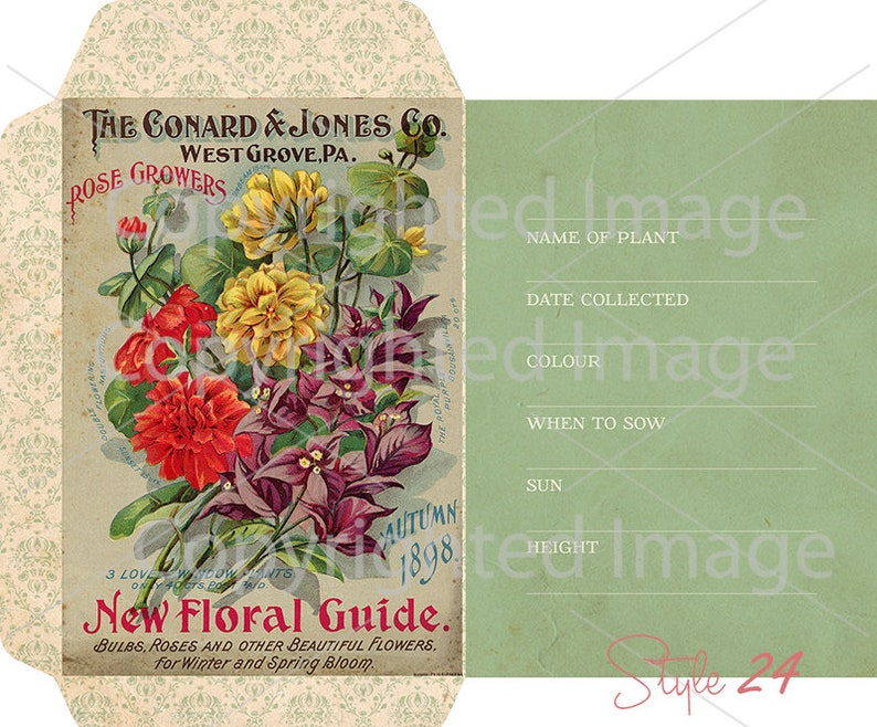 6 Different Antique Garden Flowers Seed Packets, DIGITAL Sheet, Vintage Seed Pack, Patio Art, Rustic Garden Shed, Botanical Ephemera, DIY image 3