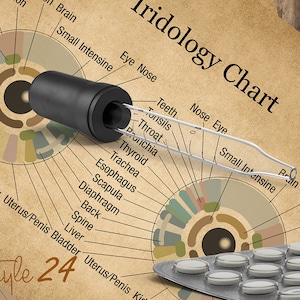 Puede incluir: Un gr&aacute;fico de iridolog&iacute;a de estilo vintage con una herramienta negra y plateada y un pastillero plateado con pastillas blancas. El gr&aacute;fico muestra un diagrama del ojo humano con las partes del cuerpo correspondientes etiquetadas alrededor del c&iacute;rculo. El gr&aacute;fico est&aacute; etiquetado como "Iridology Chart" y "Style 24".