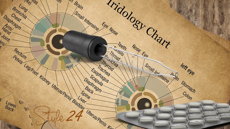 Puede incluir: Un gr&aacute;fico de iridolog&iacute;a de estilo vintage con una herramienta negra y plateada y un pastillero plateado con pastillas blancas. El gr&aacute;fico muestra un diagrama del ojo humano con las partes del cuerpo correspondientes etiquetadas alrededor del c&iacute;rculo. El gr&aacute;fico est&aacute; etiquetado como "Iridology Chart" y "Style 24".