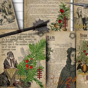 Op de afbeelding: Een verzameling vintage-achtige pagina's met tekst en illustraties met betrekking tot bomen, genezing en Ogham-divinatie. De pagina's bevatten een verscheidenheid aan afbeeldingen, waaronder vogels, planten en mensen. De tekst bevat de woorden "Tree Lore", "Healing" en "Ogham Divination Meaning".