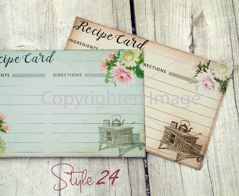 May include: Two vintage recipe cards with a floral design and a stove illustration. The cards have lines for writing ingredients and directions. The text on the cards reads "Recipe Card" and "Ingredients" and "Directions".
