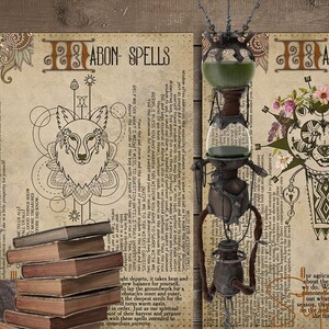 May include: Two pages of a vintage book with illustrations of a wolf and a bear. The pages are titled "28 ABON SPELLS" and "23 ABON DIVINATION". The text on the pages is in a decorative font and includes the words "Our agricultural ancestors worried about the future just as much as we do. While we use tarot cards..."