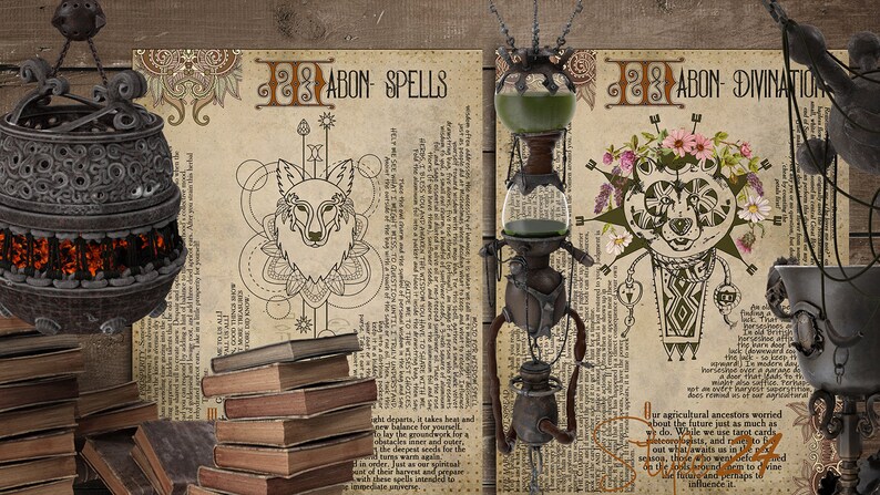 May include: Two pages of a vintage book with illustrations of a wolf and a bear. The pages are titled "28 ABON SPELLS" and "23 ABON DIVINATION". The text on the pages is in a decorative font and includes the words "Our agricultural ancestors worried about the future just as much as we do. While we use tarot cards..."