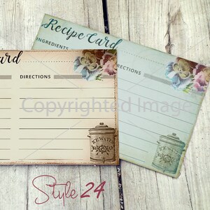 May include: Two vintage recipe cards with a floral design and the words "Recipe Card" and "Directions". The cards have a light blue and cream background with a brown and white illustration of a pitcher with the words "Ice Water".