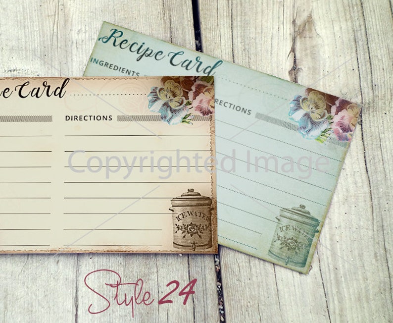 May include: Two vintage recipe cards with a floral design and the words "Recipe Card" and "Directions". The cards have a light blue and cream background with a brown and white illustration of a pitcher with the words "Ice Water".