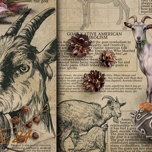 May include: An artistic collage featuring illustrations of goats, pinecones, and text on aged paper. The image includes a detailed sketch of a goat's head, along with various goat depictions and text about goat symbolism.
