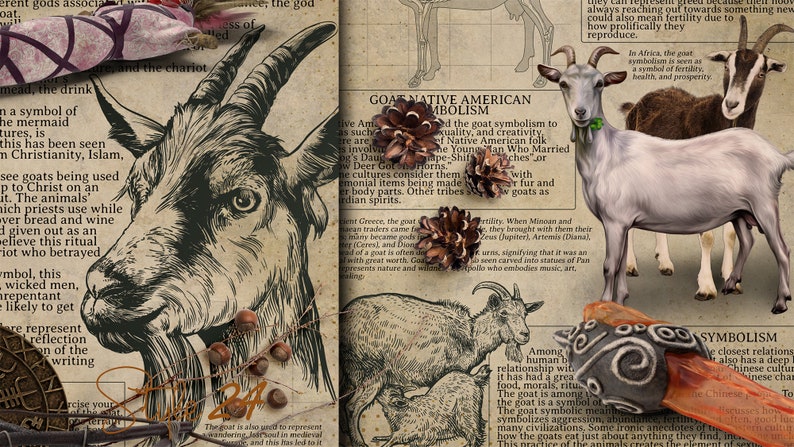 May include: An artistic collage featuring illustrations of goats, pinecones, and text on aged paper. The image includes a detailed sketch of a goat's head, along with various goat depictions and text about goat symbolism.