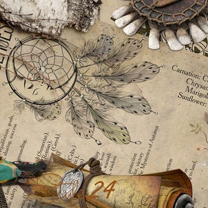 May include: A vintage-style paper with a dreamcatcher, feathers, and text about flowers and their meanings. The text includes the words "Carnation: Calm, healing, well-being" and "Sunflower: Spirituality, wisdom".
