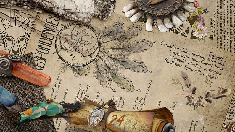 May include: A vintage-style paper with a dreamcatcher, feathers, and text about flowers and their meanings. The text includes the words "Carnation: Calm, healing, well-being" and "Sunflower: Spirituality, wisdom".