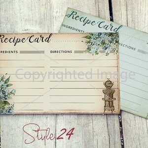 May include: Two vintage recipe cards with a floral design and the text "Recipe Card" and "Ingredients" and "Directions".