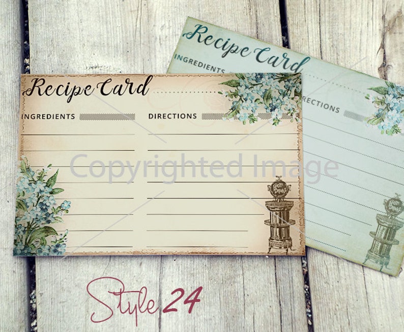 May include: Two vintage recipe cards with a floral design and the text "Recipe Card" and "Ingredients" and "Directions".