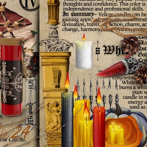 May include: A collection of candles and other magical items, including a red candle with a black cross, a white candle, and a golden candlestick. The image also includes text about the meaning of different candle colors and their uses in magic.