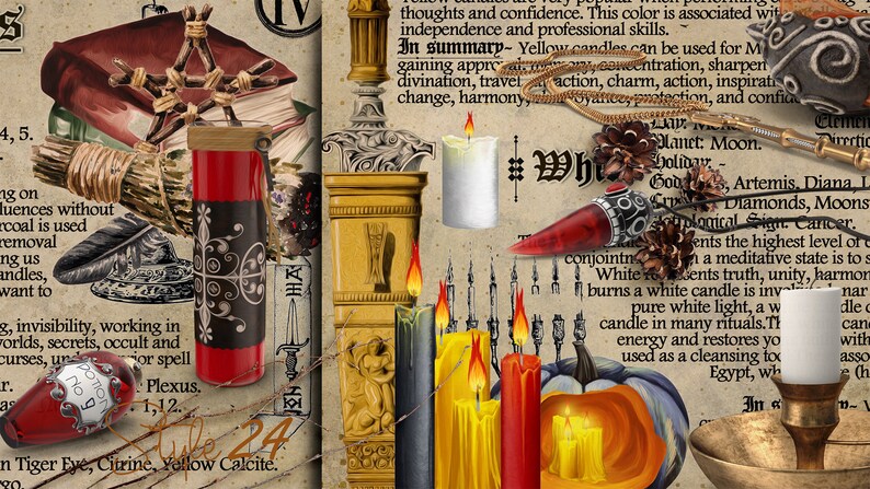May include: A collection of candles and other magical items, including a red candle with a black cross, a white candle, and a golden candlestick. The image also includes text about the meaning of different candle colors and their uses in magic.