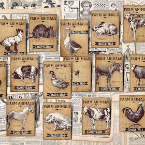 18 Large Vintage Farm animals Collection Ephemera Scrapbook Digital Collage 3" x 4 Journaling Cards printable Labels Tags Retro Farmhousing